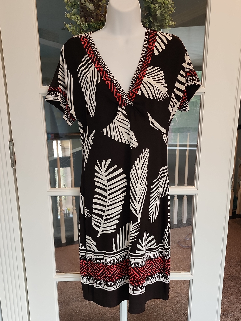 Black & White Leaf Print Swim Cover-Up or Dress with Red Accent